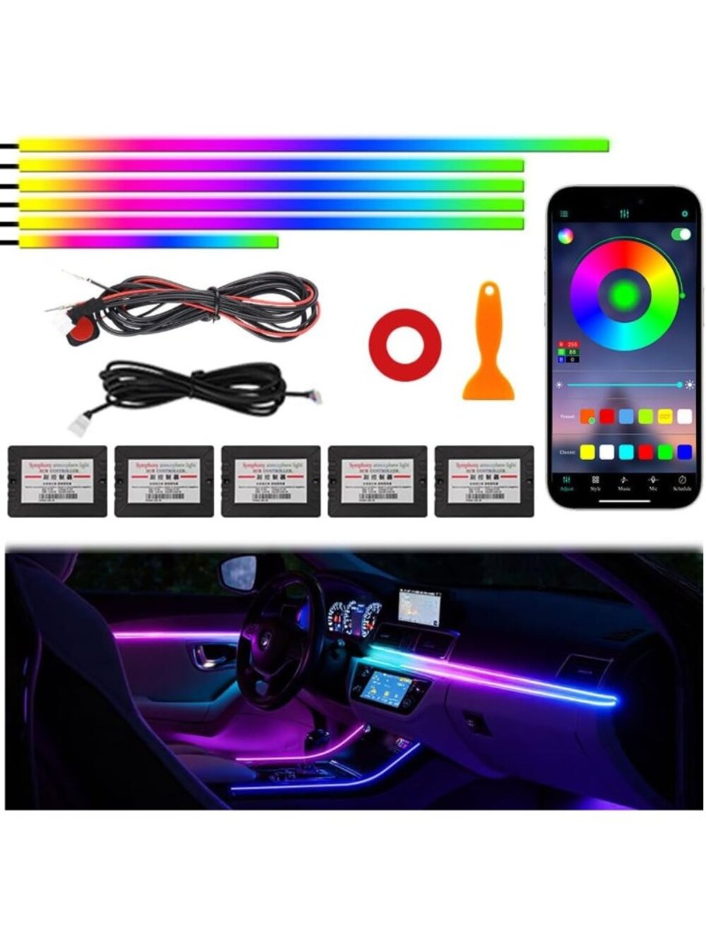 LED Ambient Car Lighting Kit - Wireless APP Control, Neon Fiber Optic, Music